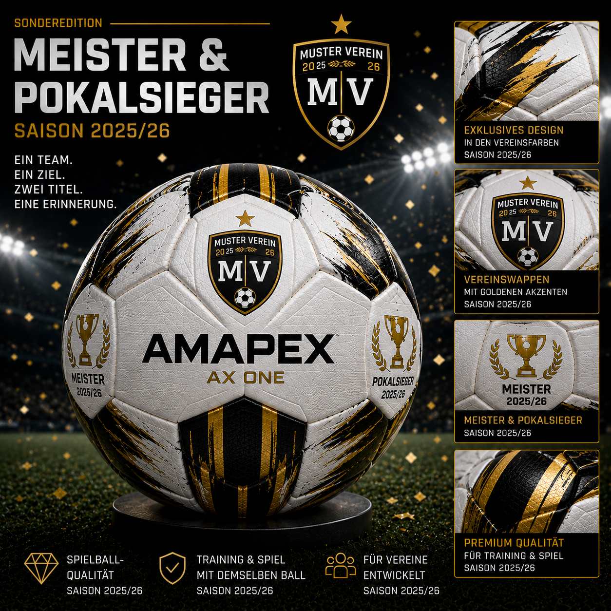 AMAPEX AX ONE mit individuellem Vereinsdesign – KI-Entwurf umgesetzt auf dem Ball